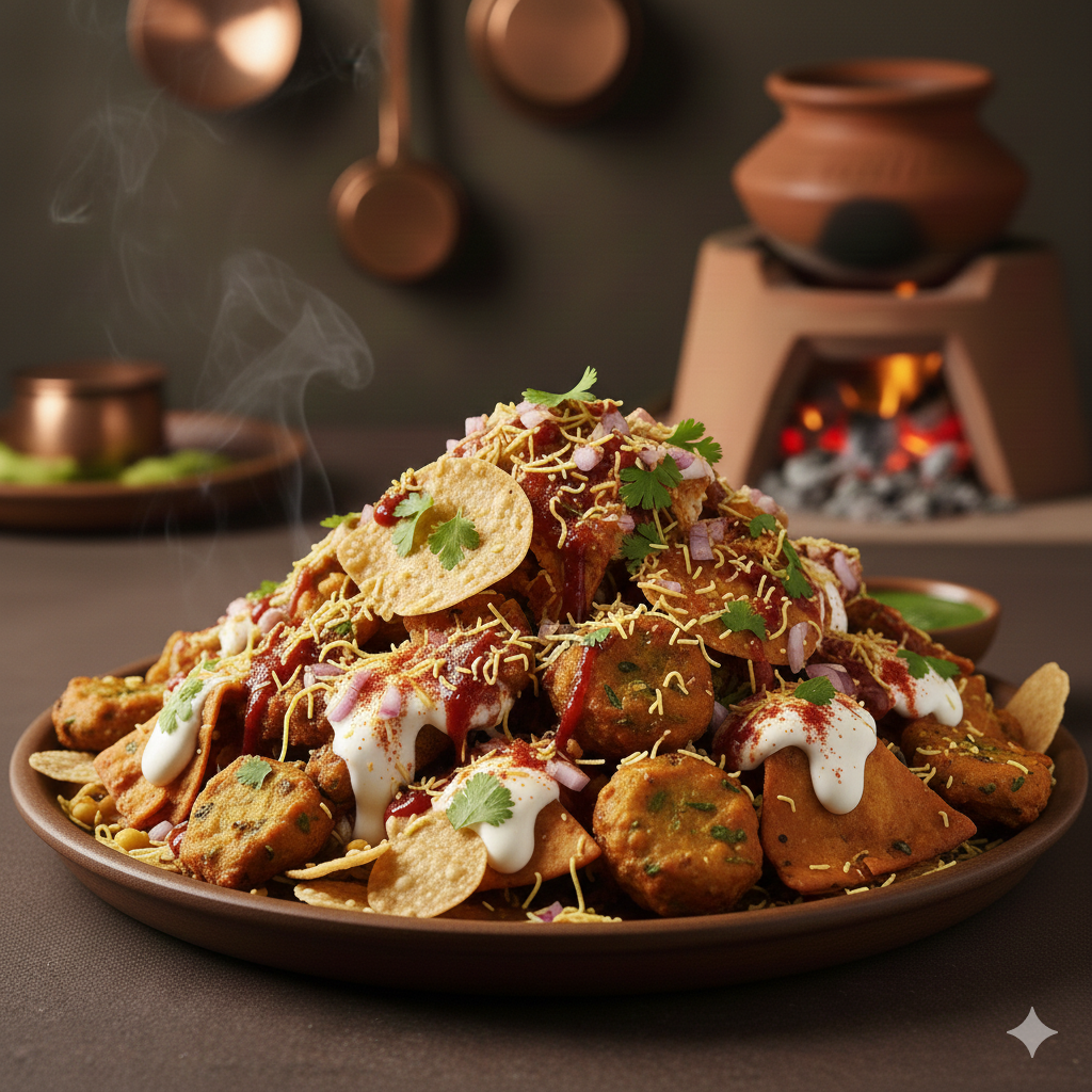 Traditional Indian Papri Chaat with crisp wafers, yogurt and spices